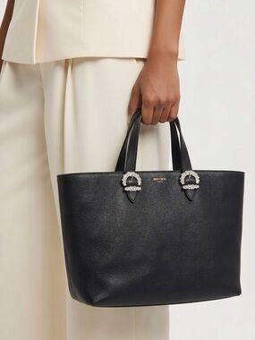 Jimmy Choo Black Leather Cheri Tote with Crystal Buckle Accents